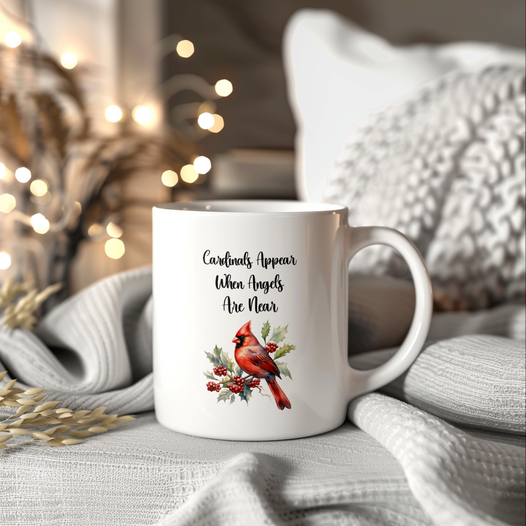 Red Cardinal Mug – "Cardinals Appear When Angels Are Near," 11oz or 15oz Ceramic Christmas Coffee Mug Gift for Cardinal Lovers