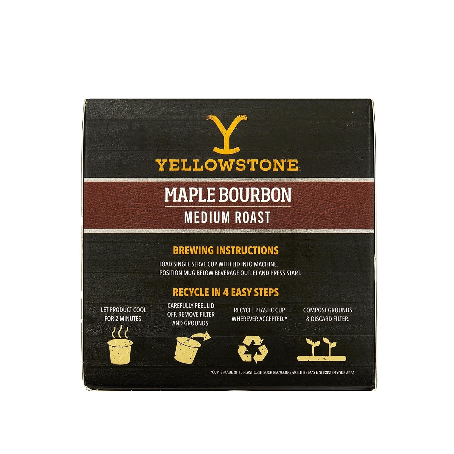 Yellowstone Maple Bourbon Medium Roast Coffee, Single Serve Recyclable Pods/Cups, 100% Arabica Beans, 12 Count