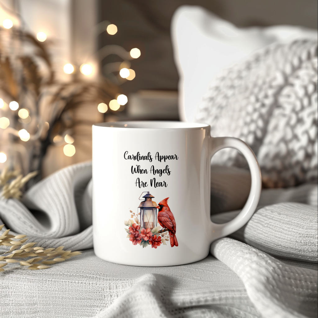 Red Cardinal Mug – "Cardinals Appear When Angels Are Near," 11oz or 15oz Ceramic Christmas Coffee Mug Gift for Cardinal Lovers