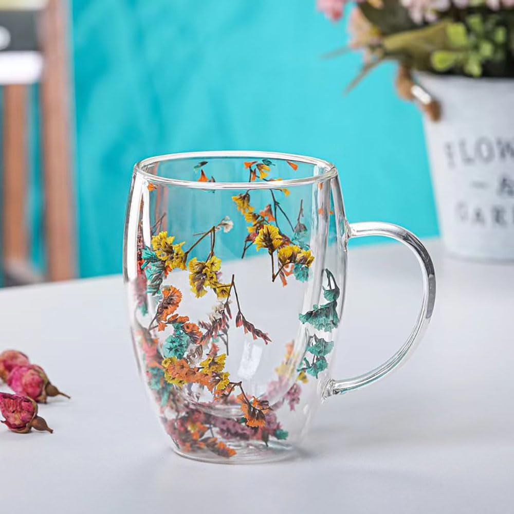 Pressed Flower Double Wall Glass Coffee Mug – Insulated Floral Tea & Coffee Cup with Handle