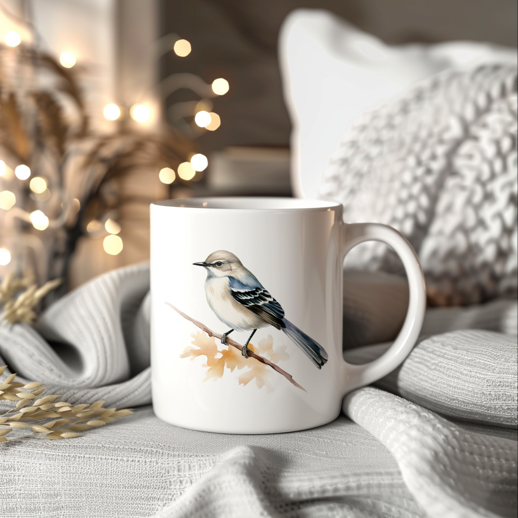 Bird Watching Mug, Mockingbird Song Bird Mug, 11oz or 15oz White Ceramic Coffee Mug Gift for Bird Watchers