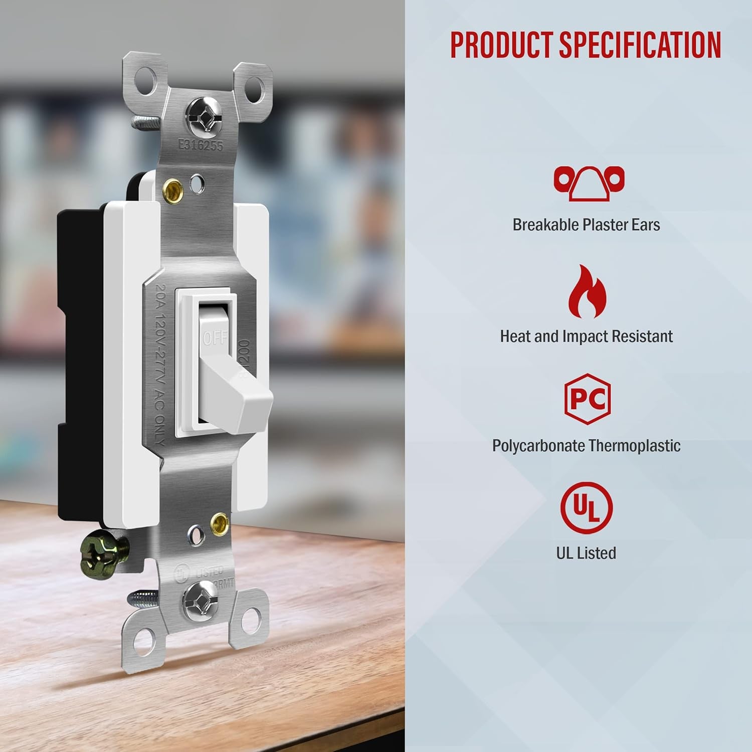 ENERLITES 20 Amp Toggle Light Switch, Single Pole, 20A 120-277V, Grounding Screw, Commercial Grade, UL Listed, 81200-W, White