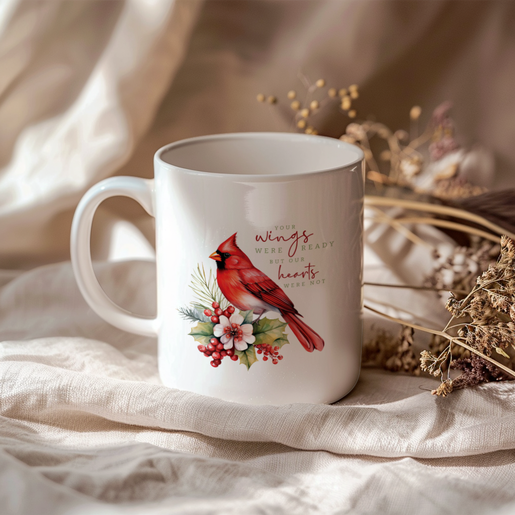 Red Cardinal Mug – Northern Red Cardinal Christmas Mug with Heartfelt Message, 11oz or 15oz White Ceramic Coffee Cup