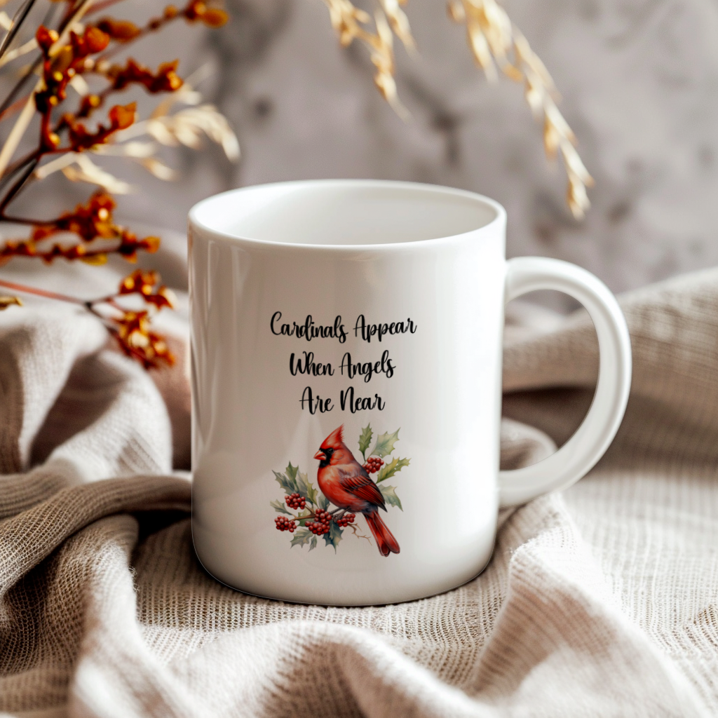 Red Cardinal Mug – "Cardinals Appear When Angels Are Near," 11oz or 15oz Ceramic Christmas Coffee Mug Gift for Cardinal Lovers