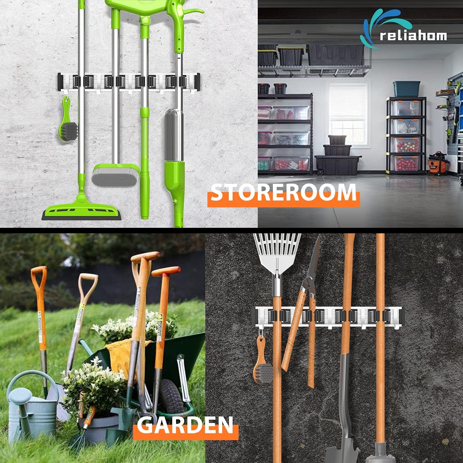 Broom Holder Wall Mount Mop and Broom Hanger Wall Mounted Garage Storage Rack Kitchen Garden Tool Organizer (4 Racks with 5 Hooks, Black)