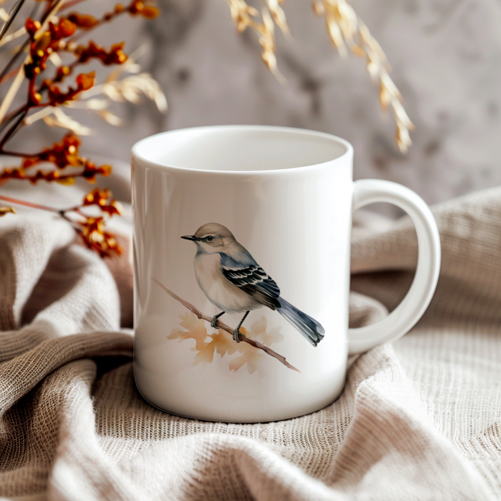 Bird Watching Mug, Mockingbird Song Bird Mug, 11oz or 15oz White Ceramic Coffee Mug Gift for Bird Watchers