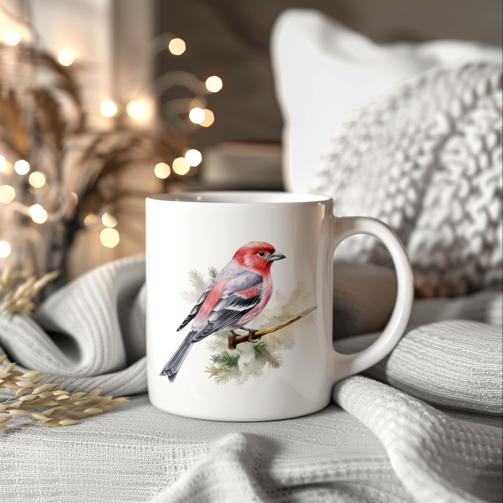 Bird Watching Mug, Pine Grosbeak Song Bird Mug, 11oz or 15oz White Ceramic Coffee Mug Gift for Bird Watchers
