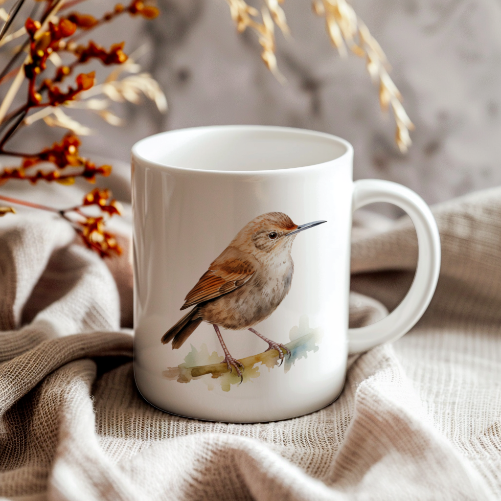Bird Watching Mug, House Wren Song Bird Mug, 11oz or 15oz White Ceramic Coffee Mug Gift for Bird Watchers