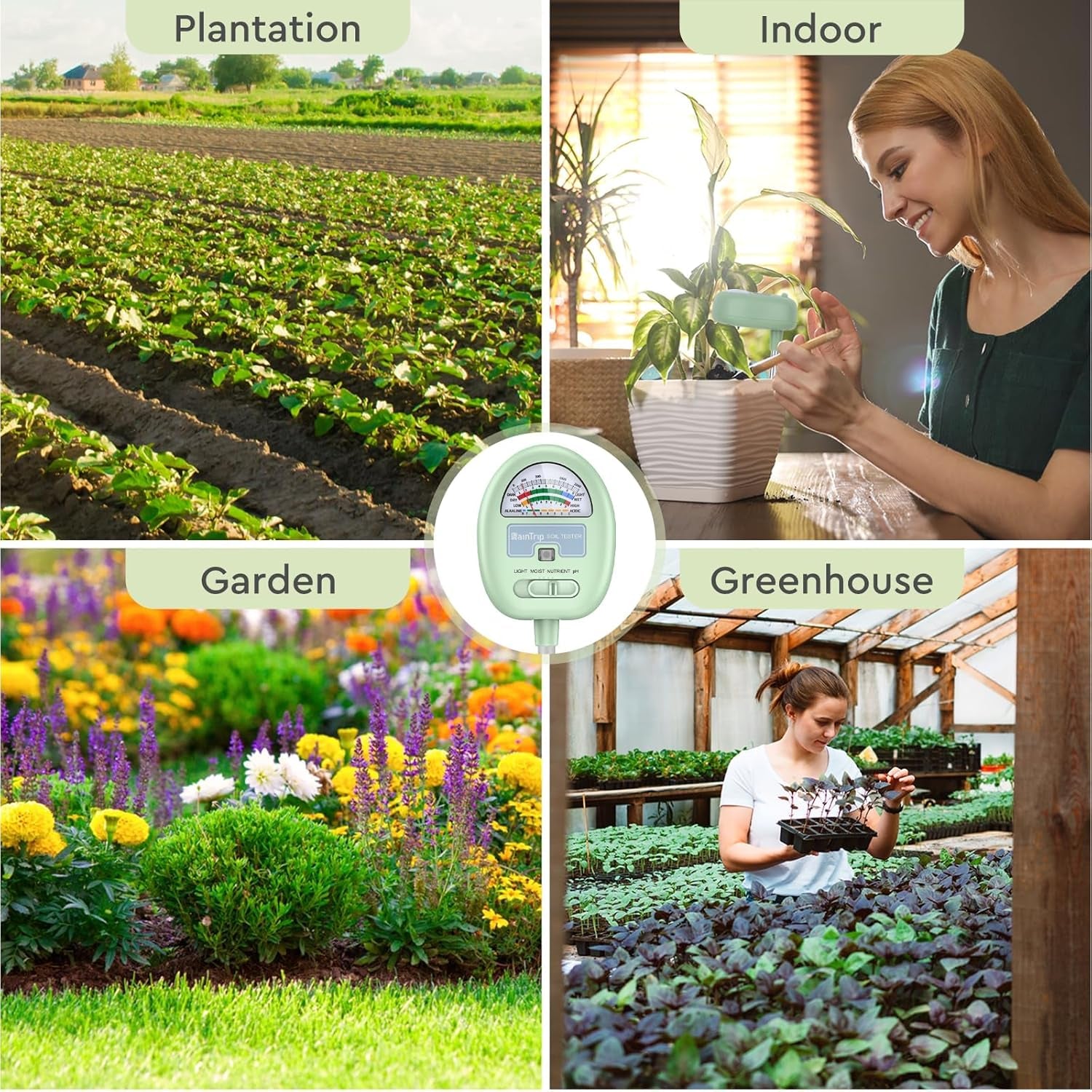 Soil Moisture Meter, 4-In-1 Moisture Meter for Plants, Tester for Moist, Light,Nutrients, Ph, Soil Test Kit, Great for Garden, Lawn, Farm, Indoor & Outdoor Use, No Battery Required