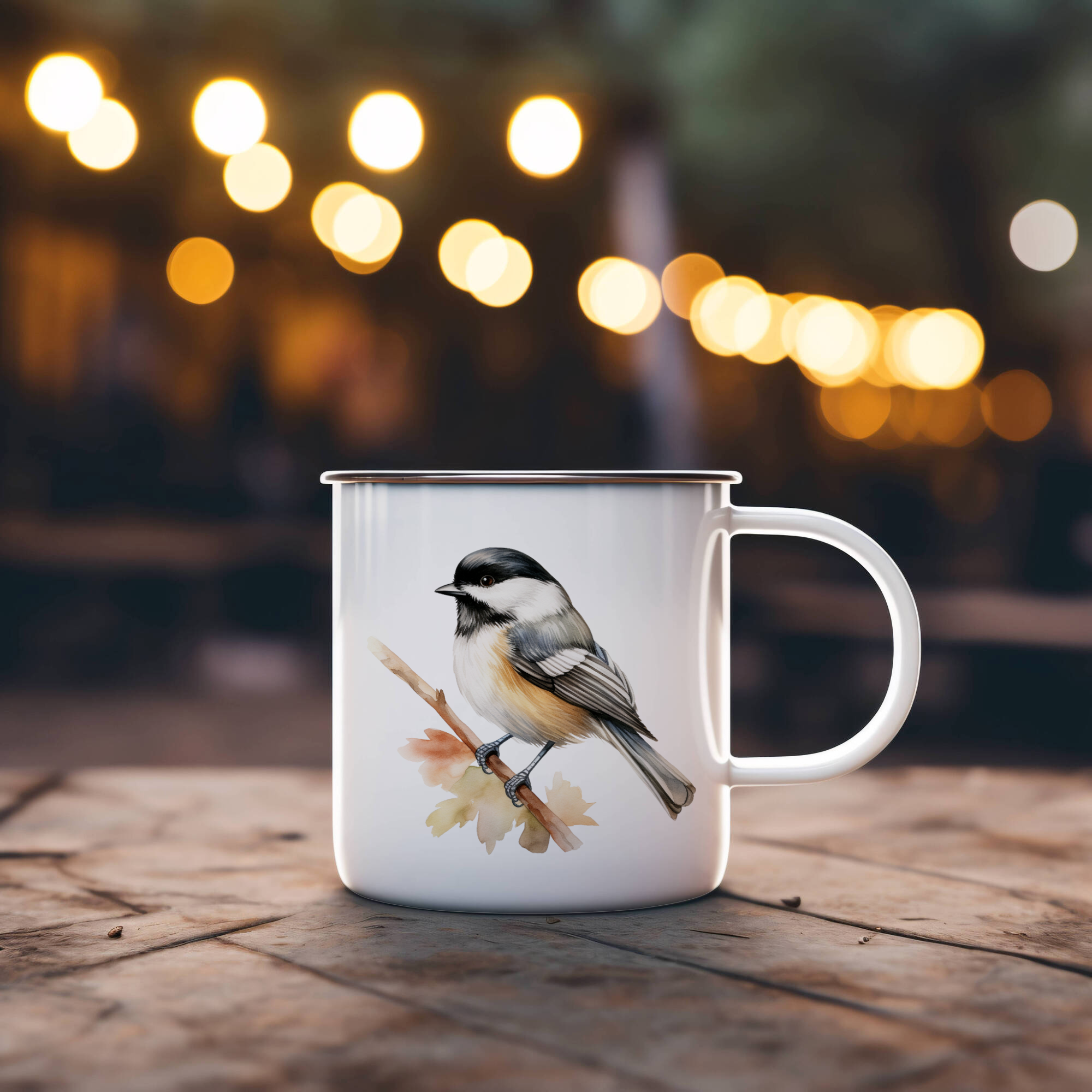 Bird Watching Mug, Black Capped Chickadee Song Bird Camping Mug, 12oz Camping Mug, White Stainless Steel Cup with Handle