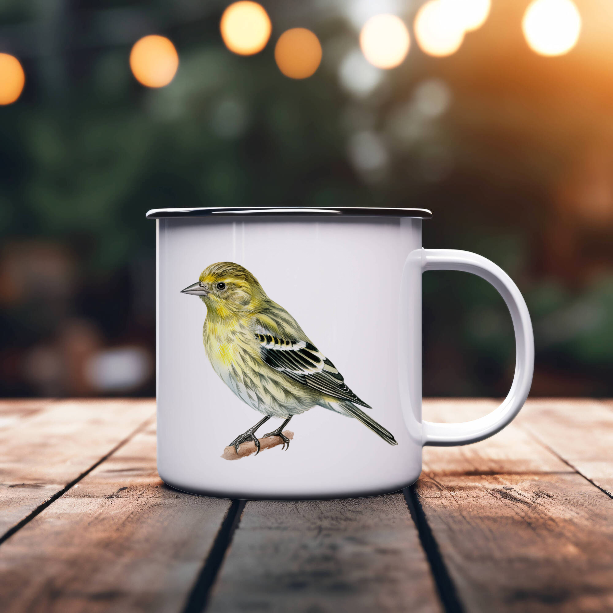 Bird Watching Mug, Pine Siskin Song Bird Camping Mug, 12oz Camping Mug, White Stainless Steel Cup with Handle