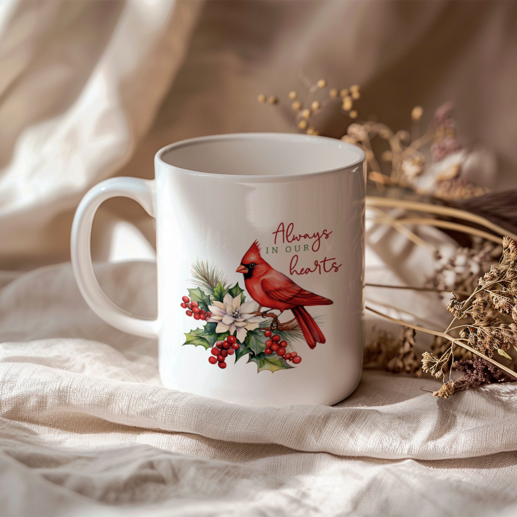 Red Cardinal Mug – Northern Red Cardinal Christmas Mug with Heartfelt Message, 11oz or 15oz White Ceramic Coffee Cup