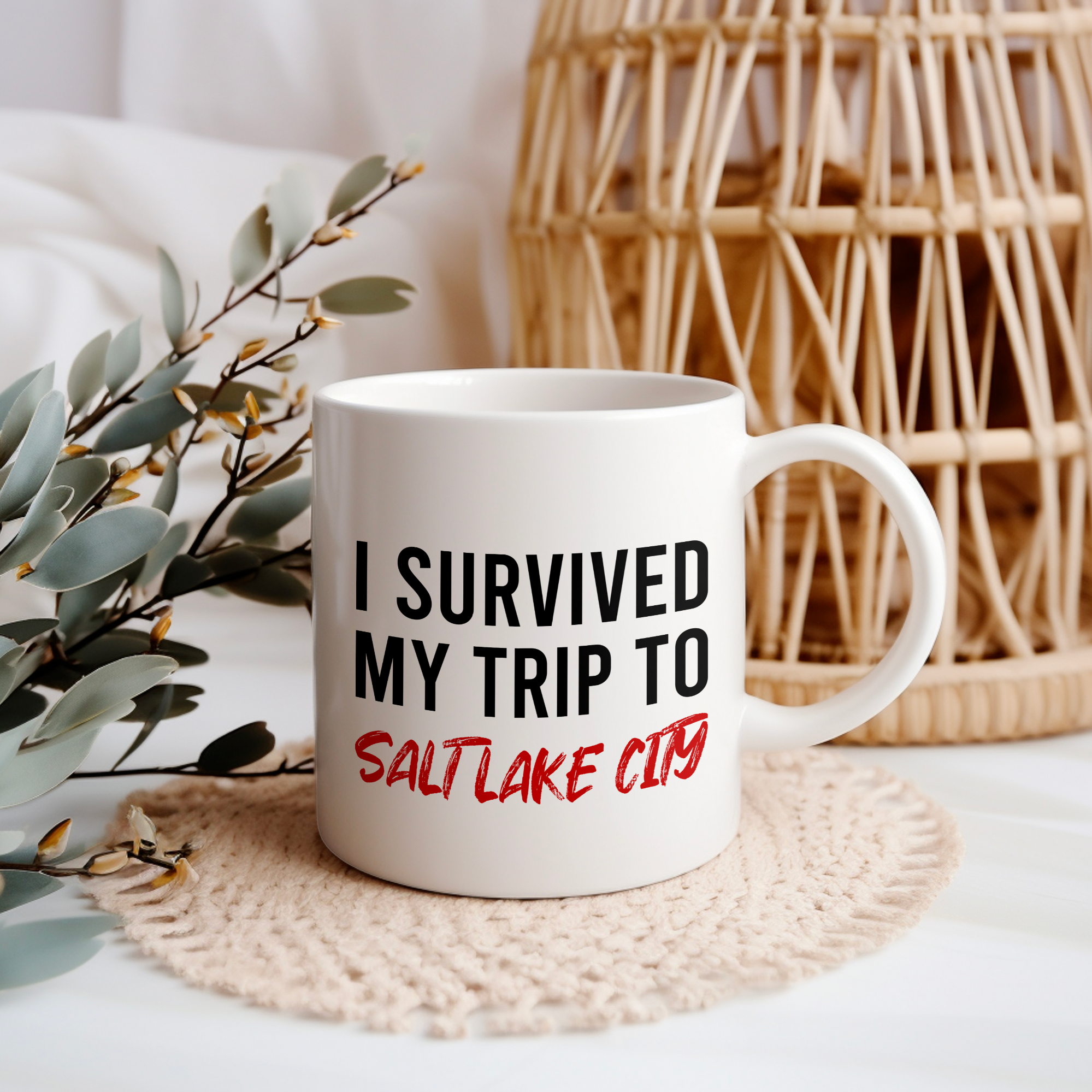 Funny Travel Mug – I Survived My Trip to Salt Lake Salt Lake City, 11oz or 15oz White Ceramic Coffee Mug, Novelty Travel Gift