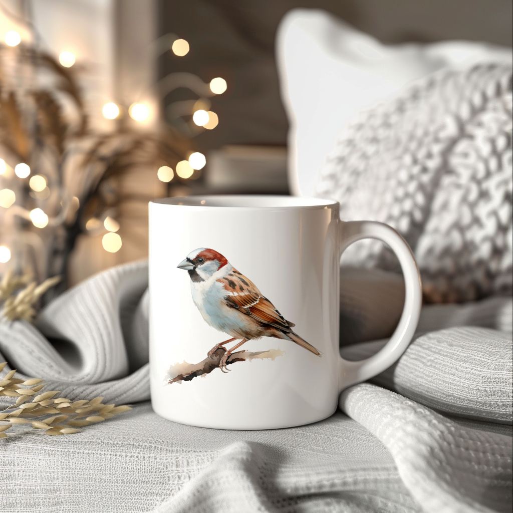 Bird Watching Mug, House Sparrow Song Bird Mug, 11oz or 15oz White Ceramic Coffee Mug Gift for Bird Watchers