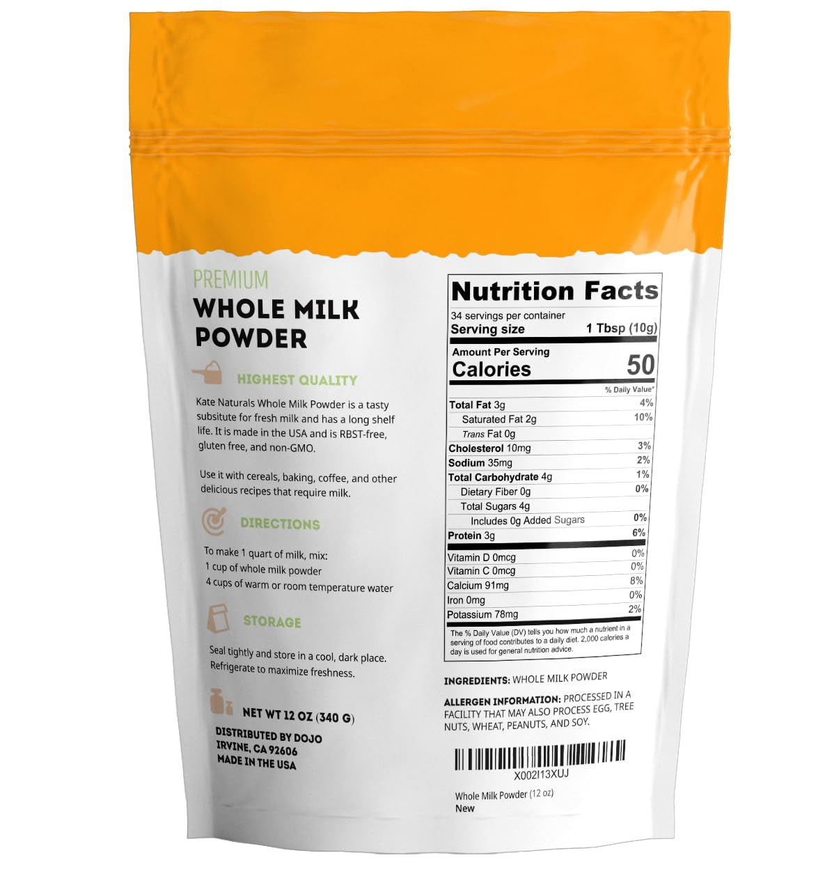 Dry Whole Milk Powder for Baking, Coffee & Milkshakes (12Oz) Rbst-Free, Made in USA, Dried Powdered Substitute for Liquid Milk