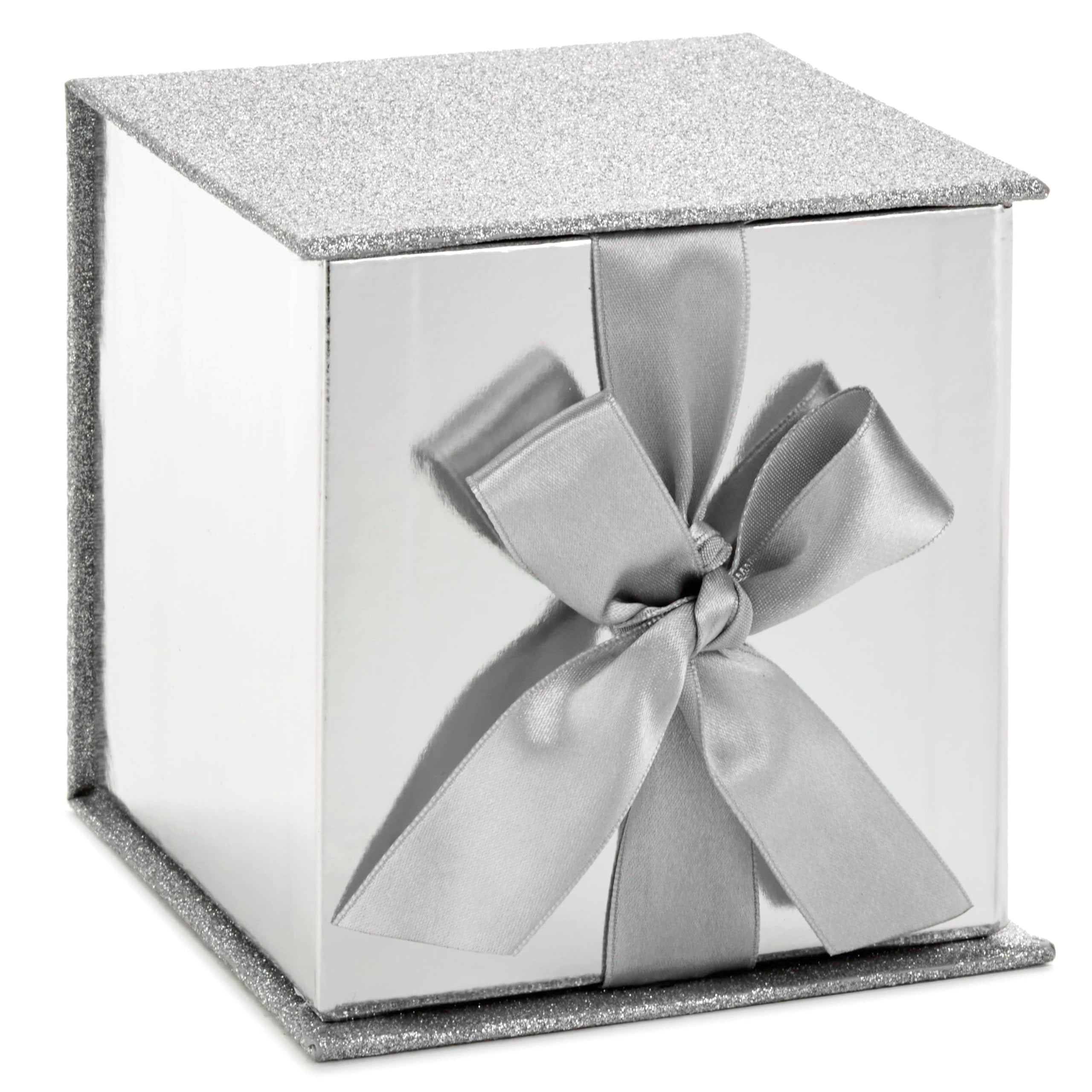 Silver Glitter Gift Box with Bow, 4.2 in