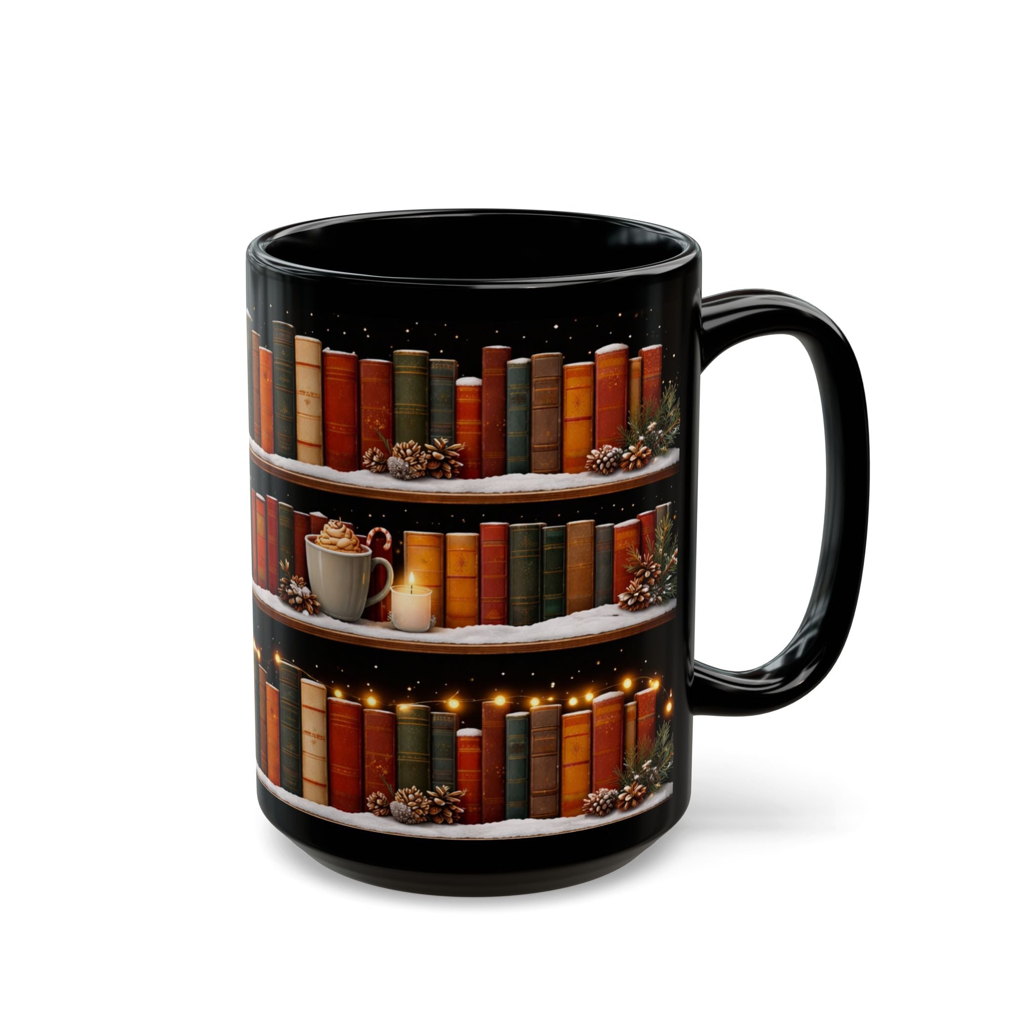 Winter Bookshelf Mug, Book Lover Coffee Mug, Snowy Reading Mug, Cozy Christmas Hot Cocoa Cup, 11oz or 15oz