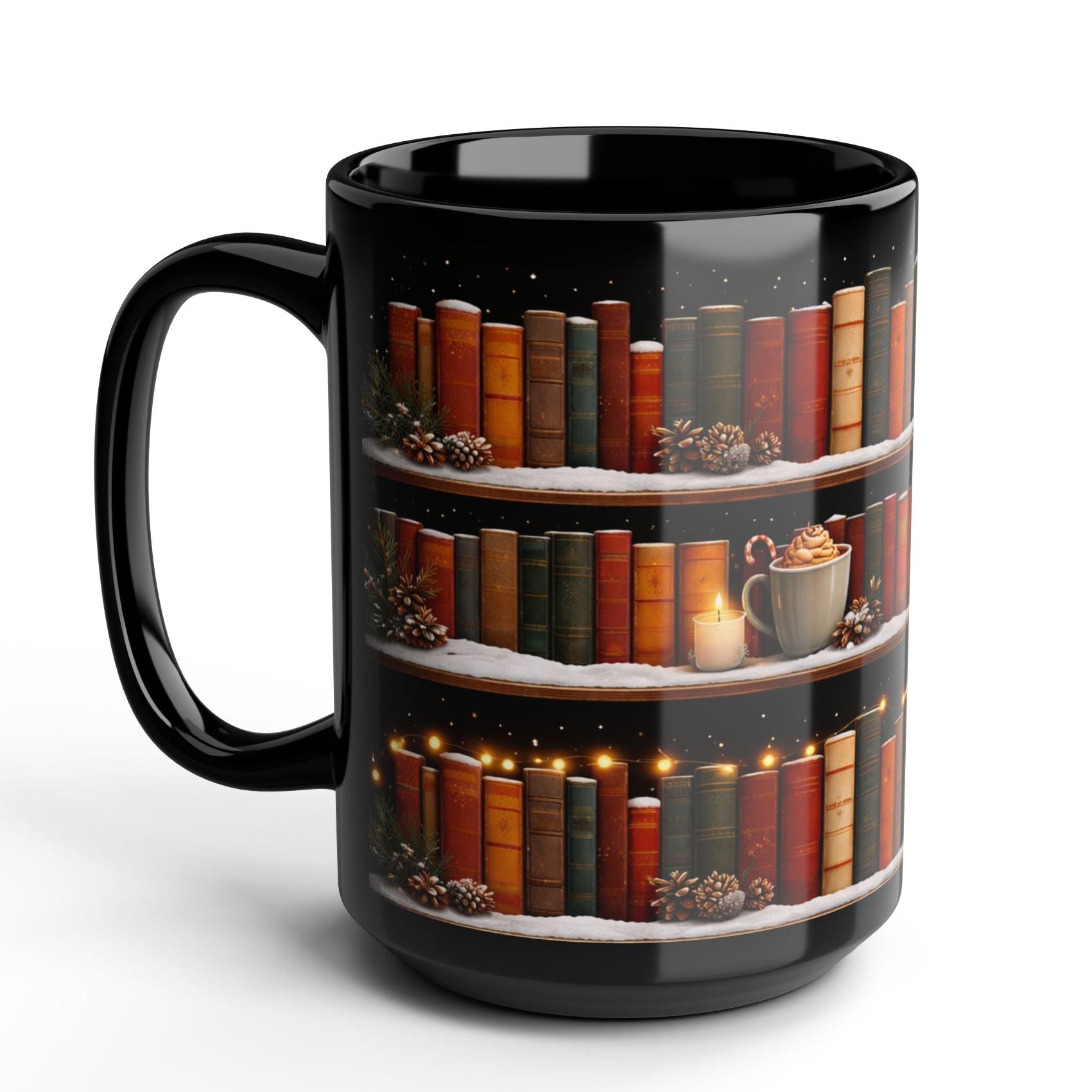 Winter Bookshelf Mug, Book Lover Coffee Mug, Snowy Reading Mug, Cozy Christmas Hot Cocoa Cup, 11oz or 15oz