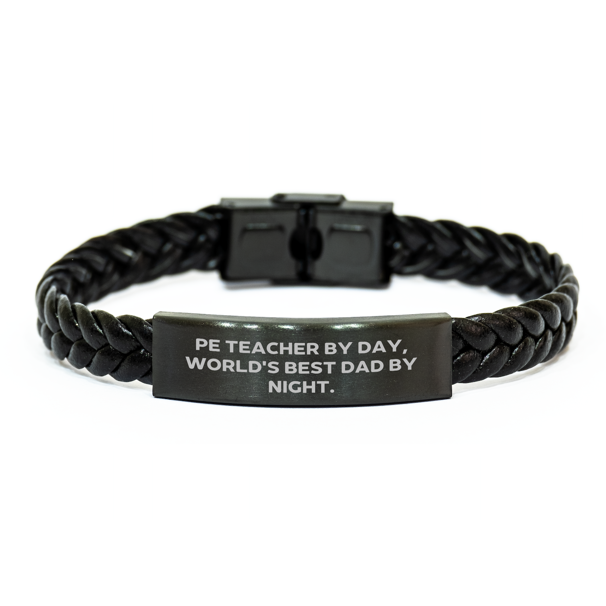 Funny PE Teacher Gifts for Mom - Interlaced Leather Bracelet from Dad, 'Pe Teacher By Day, World's Best Dad By Night.' - Unique Mother's Day Unique Gift for PE Teachers