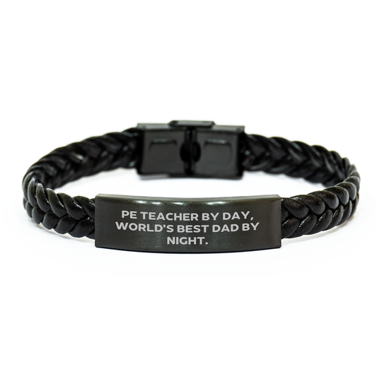 Funny PE Teacher Gifts for Mom - Interlaced Leather Bracelet from Dad, 'Pe Teacher By Day, World's Best Dad By Night.' - Unique Mother's Day Unique Gift for PE Teachers - Image 1
