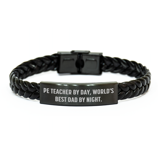 Funny PE Teacher Gifts for Mother's Day - Interlaced Leather Bracelet from Dad - 'Pe Teacher By Day, World's Best Dad By Night.' - Image 1