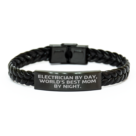 Electrician Gifts for Men, Interlaced Leather Bracelet, Funny Quote 'Electrician By Day, World's Best Mom By Night.' - Father's Day Unique Gifts from Family - Image 1