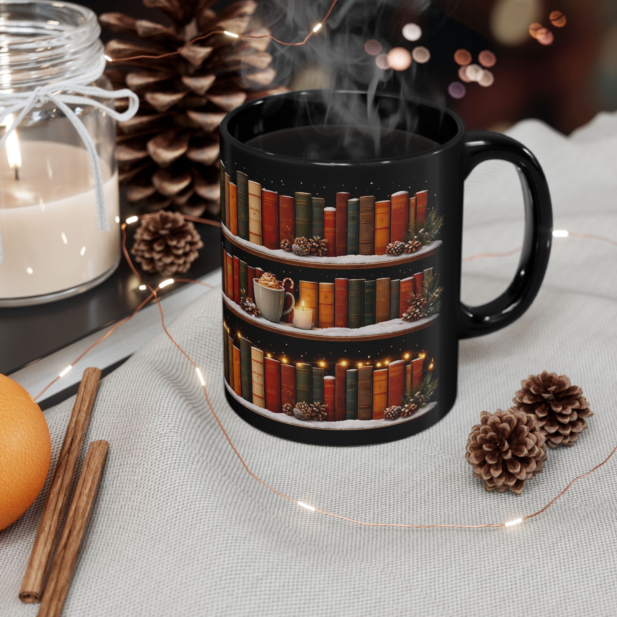 Winter Bookshelf Mug, Book Lover Coffee Mug, Snowy Reading Mug, Cozy Christmas Hot Cocoa Cup, 11oz or 15oz