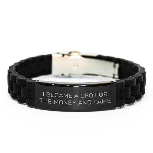 Funny CFO Gifts for Mother's Day - 'I Became A Cfo For The Money And Fame' Glide lock Clasp Black Stainless Steel Silicone Adjustable Men's Women's Friend's Gift from Family - Image 1