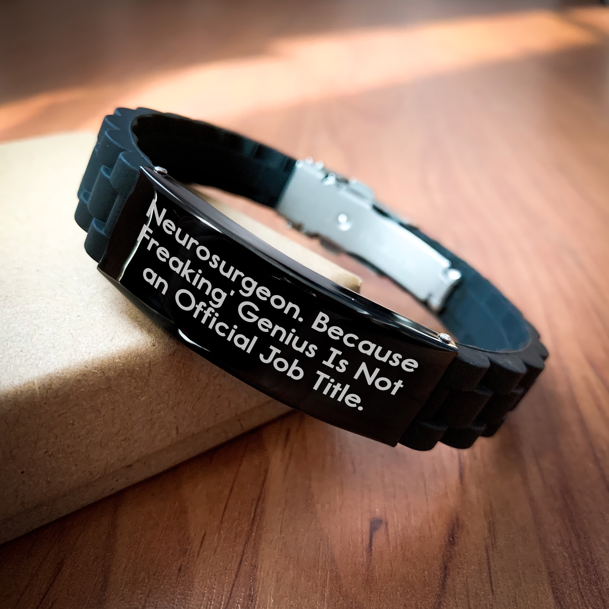'Neurosurgeon Gifts from Men, Unique Black Glide lock Clasp Bracelet for Father's Day, Funny Quote 'Because Freaking' genius Is Not An Official Job Title.' - Image 2
