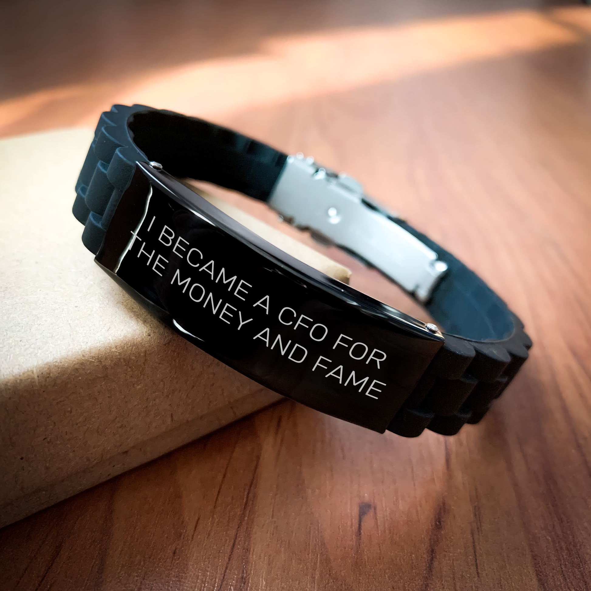 Funny CFO Gifts for Mother's Day - 'I Became A Cfo For The Money And Fame' Glide lock Clasp Black Stainless Steel Silicone Adjustable Men's Women's Friend's Gift from Family - Image 2