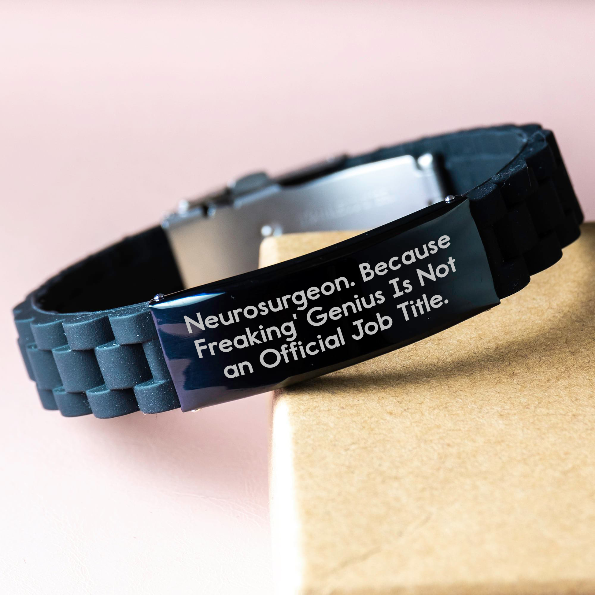'Neurosurgeon Gifts from Men, Unique Black Glide lock Clasp Bracelet for Father's Day, Funny Quote 'Because Freaking' genius Is Not An Official Job Title.' - Image 3