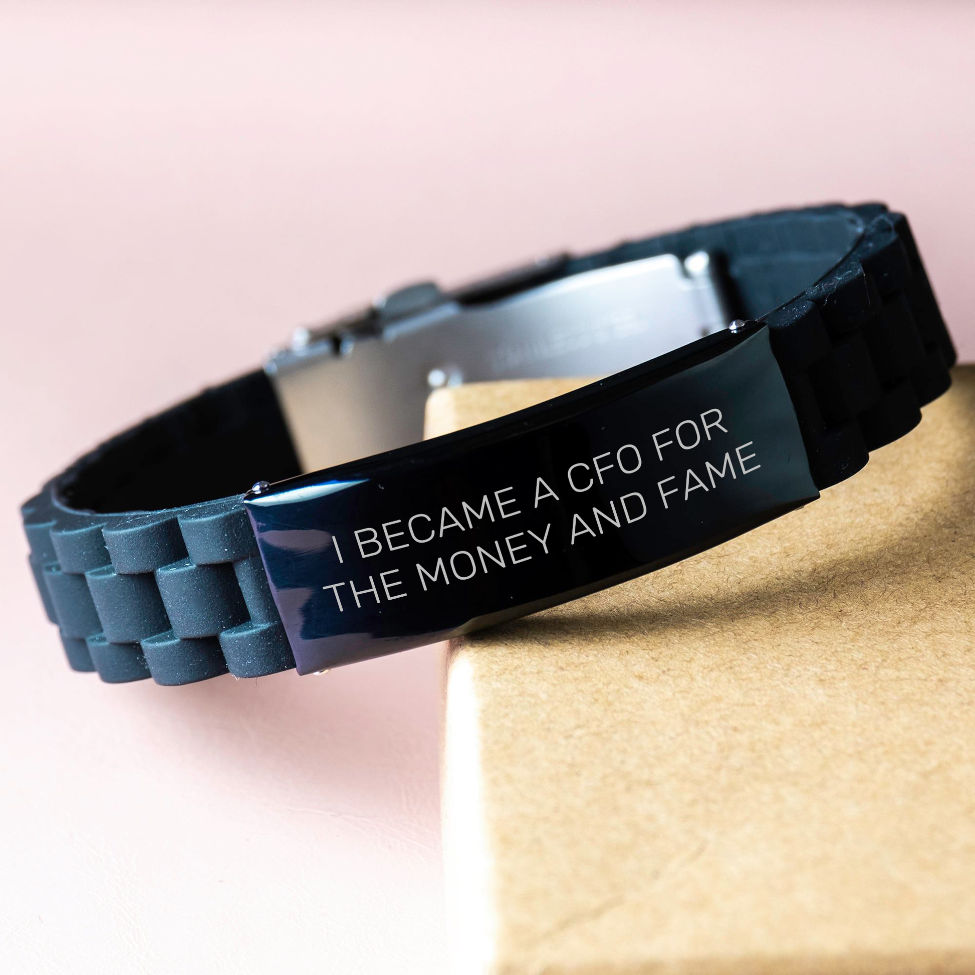 Funny CFO Gifts for Mother's Day - 'I Became A Cfo For The Money And Fame' Glide lock Clasp Black Stainless Steel Silicone Adjustable Men's Women's Friend's Gift from Family - Image 3