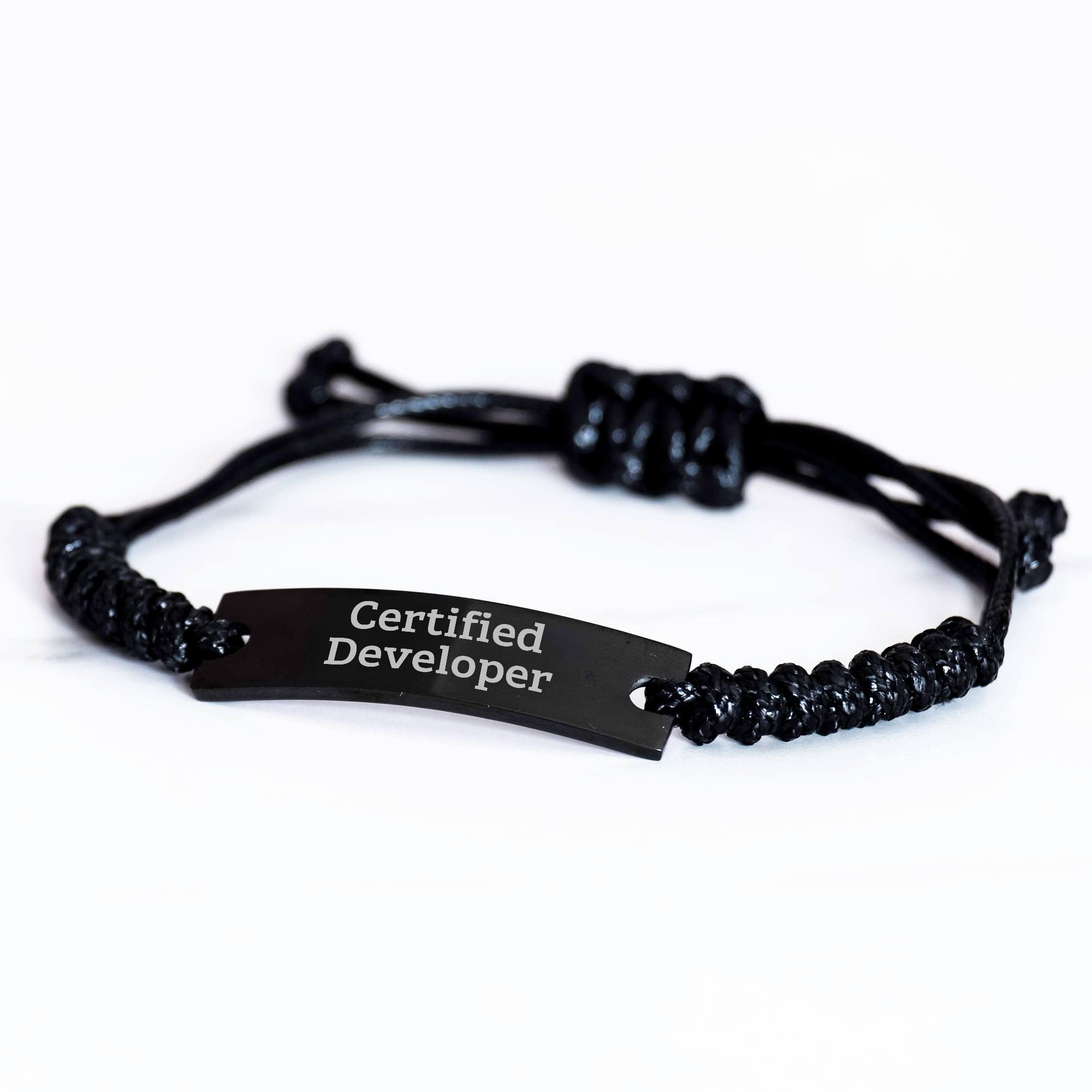 Funny Certified Developer Rope Bracelet, Gifts from Men to Developer Friends and Family for Father's Day, Adjustable Black Stainless Steel with Interlaced Rope - Image 2