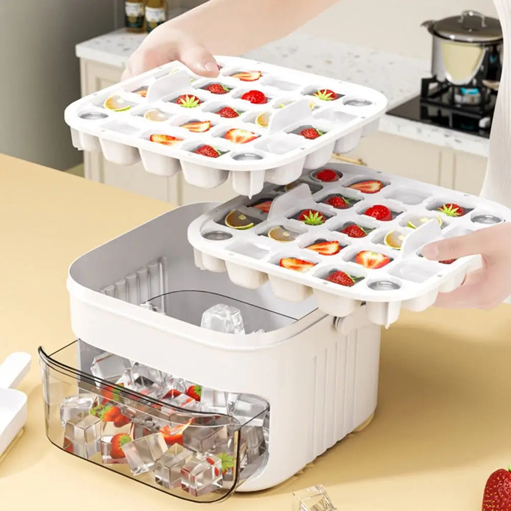 50-Cube Double Layer Ice Maker Tray with Easy-Press Lid & Storage Box | Refrigerator Ice Cube Maker