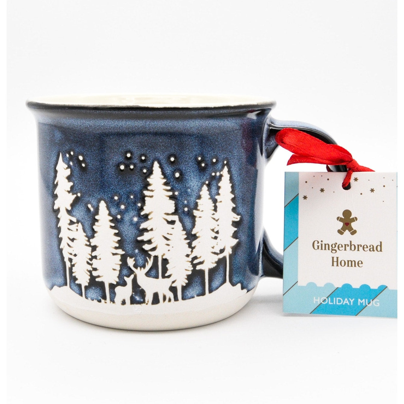 Holiday Camping Mug, Blue Ceramic 14oz Coffee Cup with Elk and Calf Winter Scene by Gingerbread Home