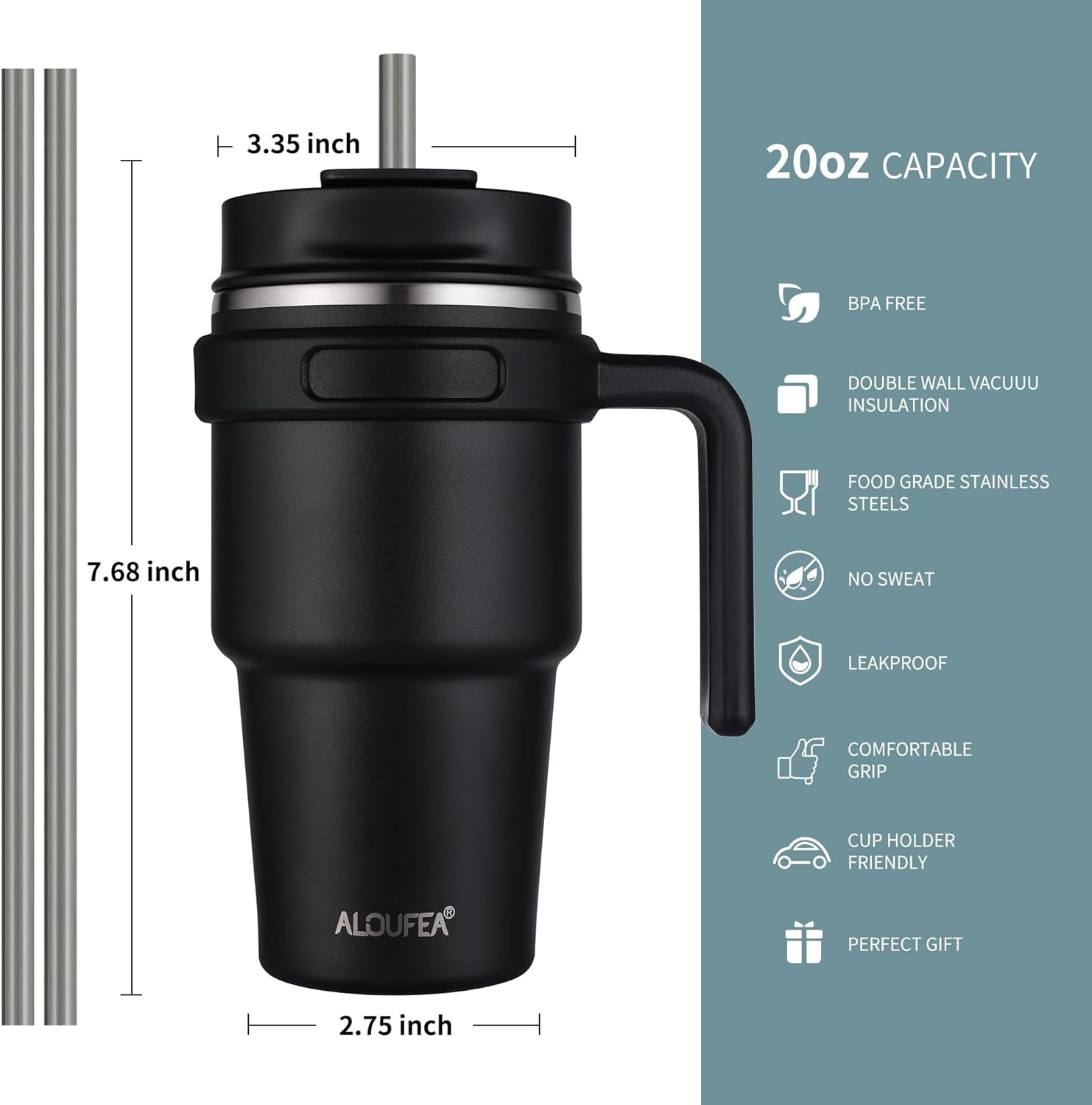 20 Oz Insulated Coffee Mug Tumbler with Handle, Stainless Steel Travel Mug Tumbler with Lid and Straw,Double Wall Vacuum Leak Proof Ice Coffee Thermal Cup, Indigo Black