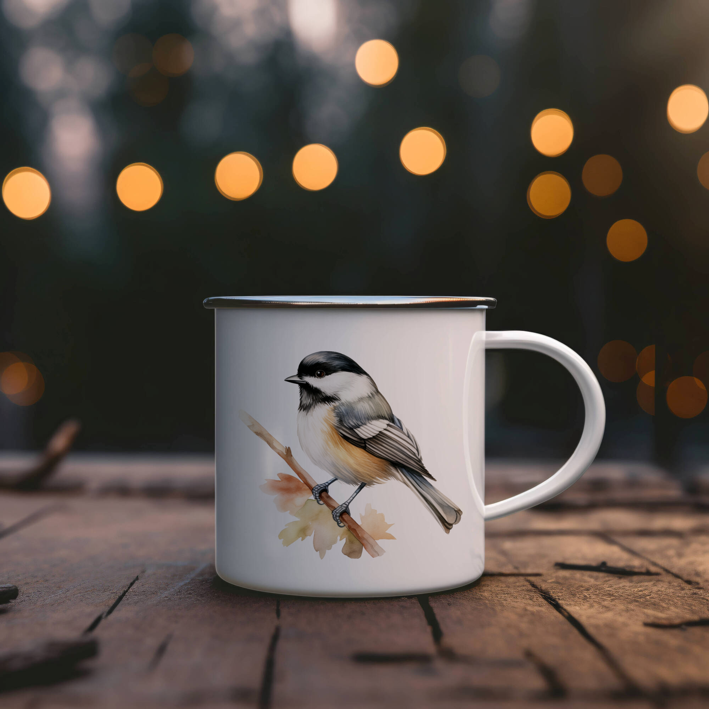 Bird Watching Mug, Black Capped Chickadee Song Bird Camping Mug, 12oz Camping Mug, White Stainless Steel Cup with Handle