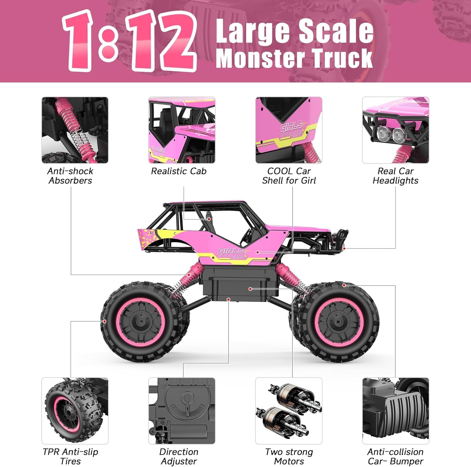 1:12 RC Monster Truck - 4WD Off-Road Remote Control Car, Dual Motors, Headlights, Rechargeable, Gift for Boys & Girls