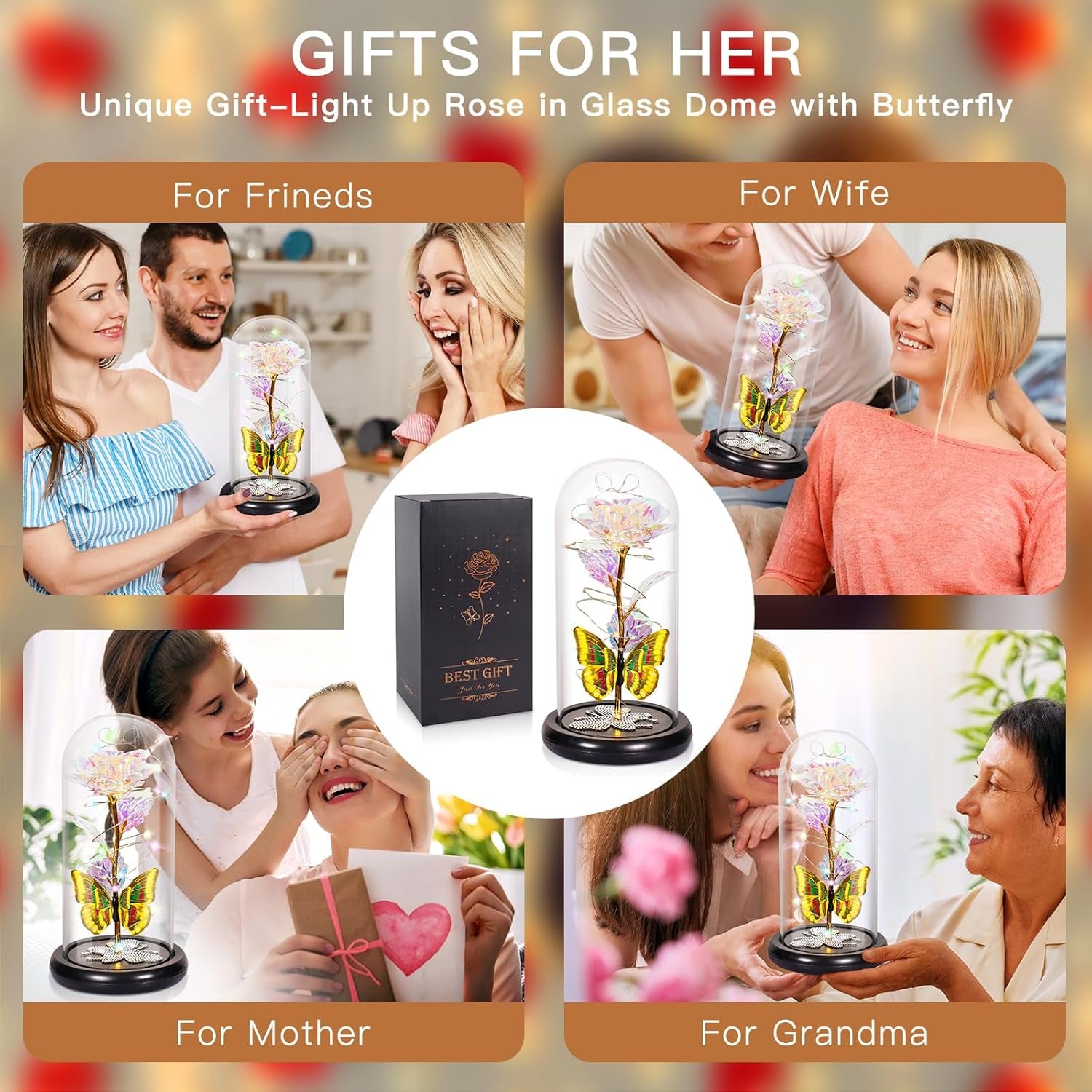 Mothers Day Flower Mom Gifts from Daughter Purple Rose Eternal Flower Light up Rose in Glass Dome with Butterfly Birthday Gifts for Women Thanksgiving Anniversary Grandma Girlfriend Wife Gift for Her