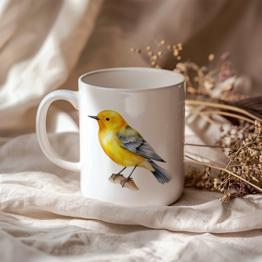 Bird Watching Mug, Prothonotary Warbler Song Bird Mug, 11oz or 15oz White Ceramic Coffee Mug Gift for Bird Watchers