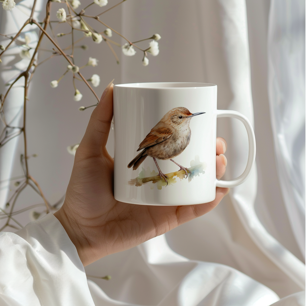 Bird Watching Mug, House Wren Song Bird Mug, 11oz or 15oz White Ceramic Coffee Mug Gift for Bird Watchers