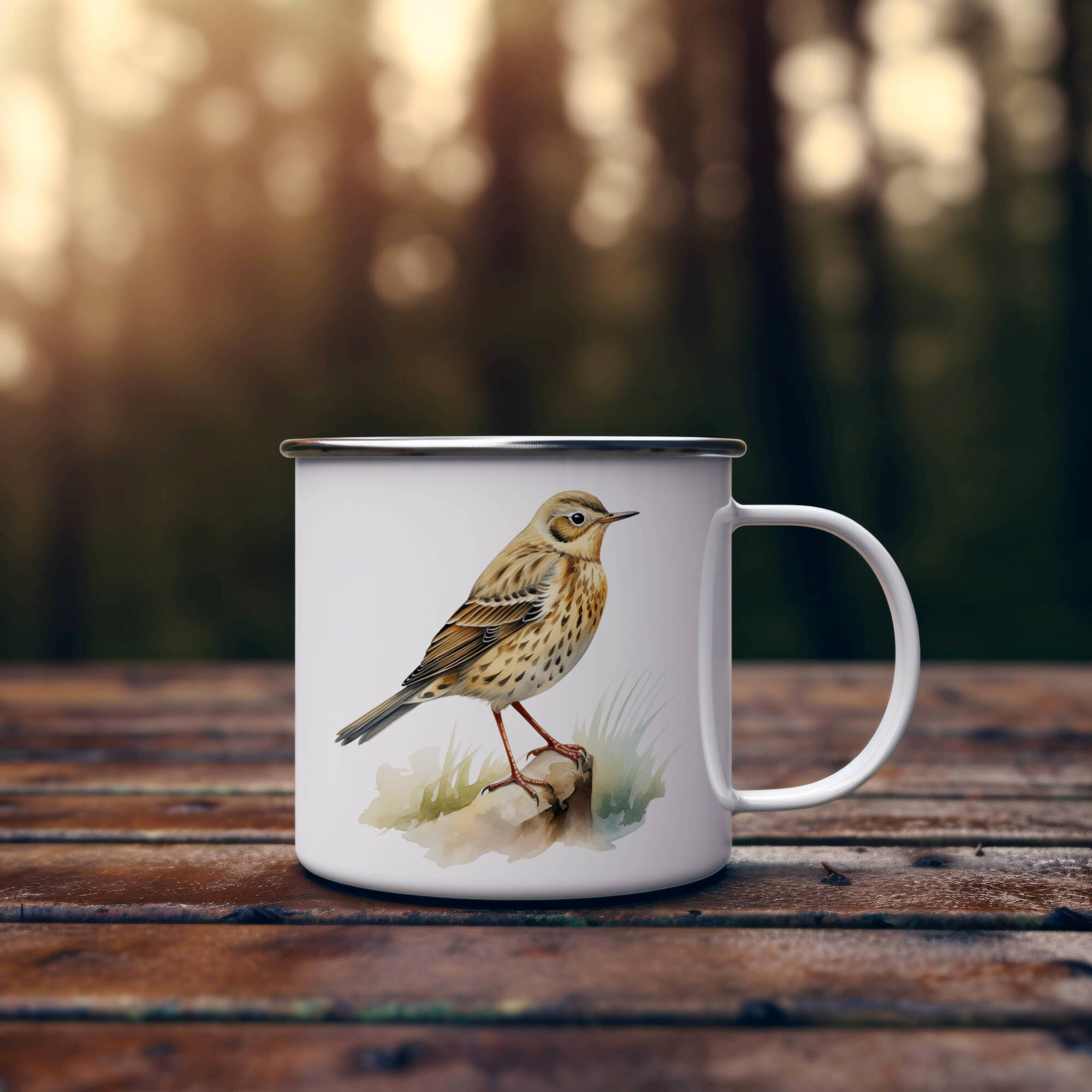 Bird Watching Mug, Meadow Pipit Song Bird Camping Mug, 12oz Camping Mug, White Stainless Steel Cup with Handle
