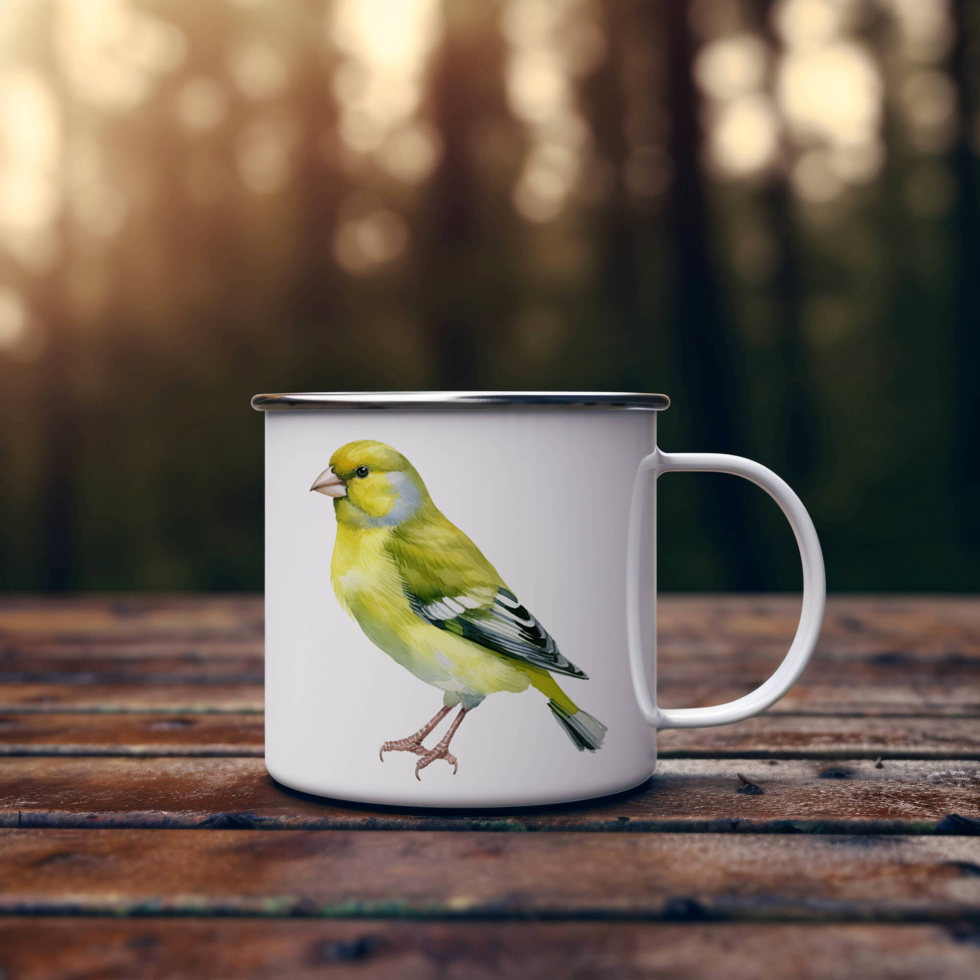 Bird Watching Mug, European Greenfinch Song Bird Camping Mug, 12oz Camping Mug, White Stainless Steel Cup with Handle