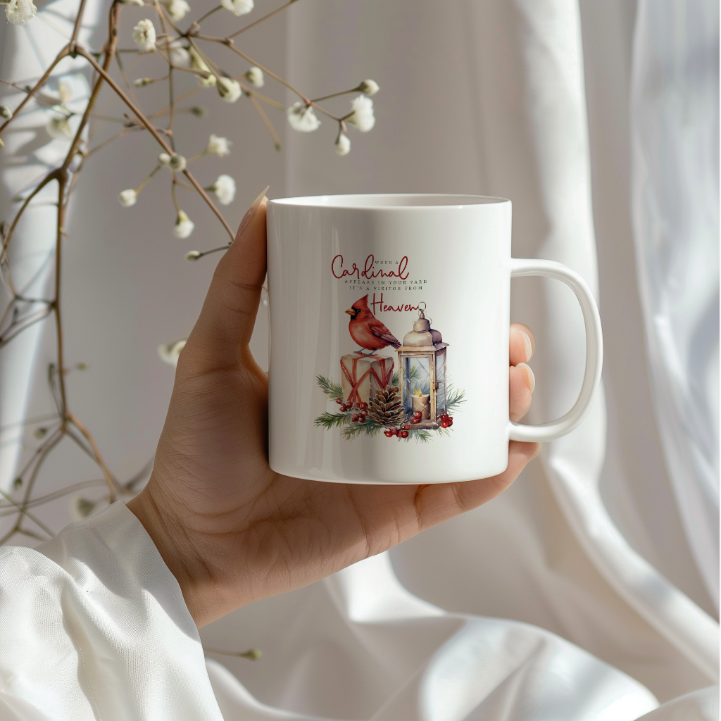 Red Cardinal Mug – Northern Red Cardinal Christmas Mug with Heartfelt Message, 11oz or 15oz White Ceramic Coffee Cup