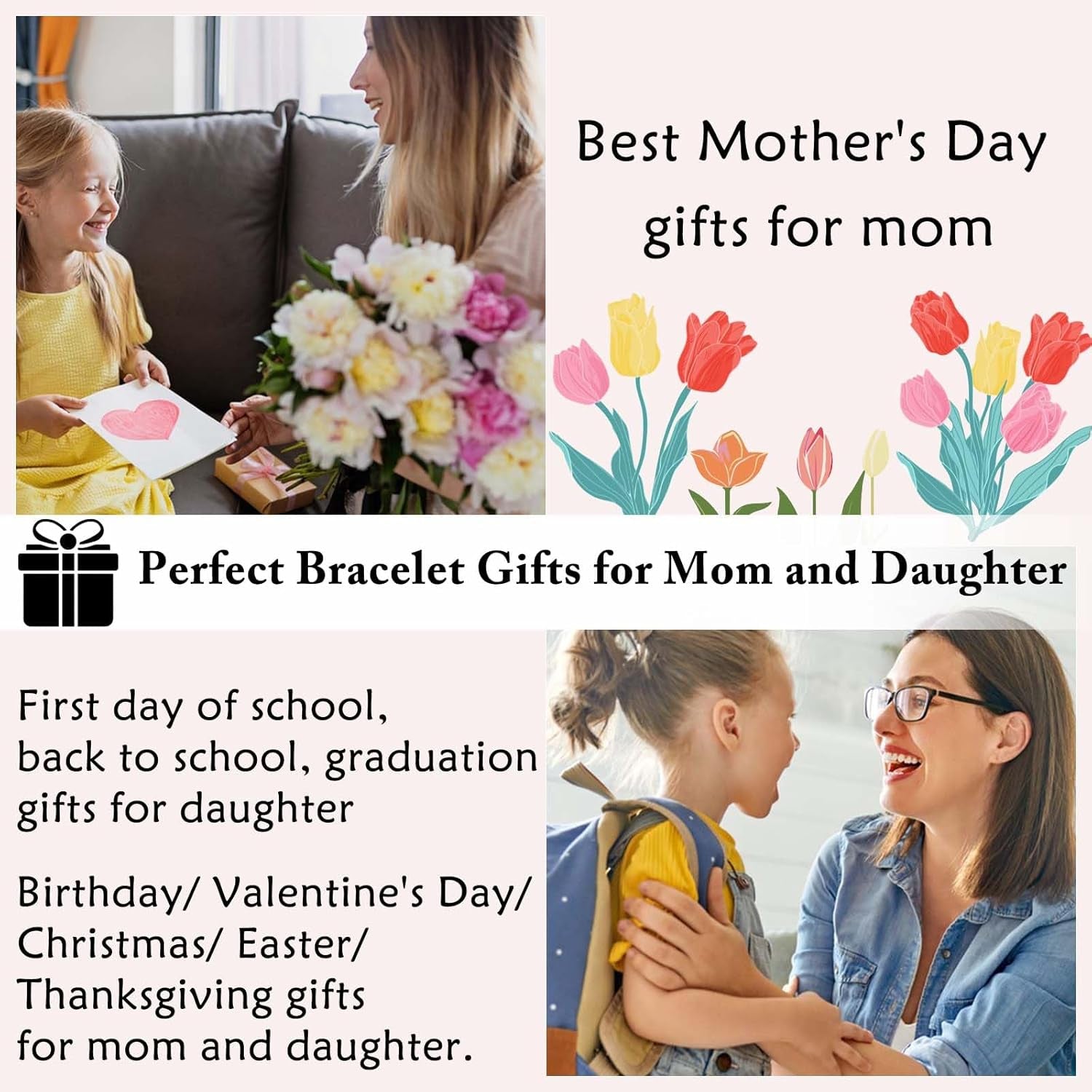 Mother Daughter Bracelets, Set of 2 Mommy and Me Mothers Day Gifts for Mom, Graduation First Day of Kindergarten Back to School Gifts for Daughter, Easter Christmas Stocking Stuffers Valentines
