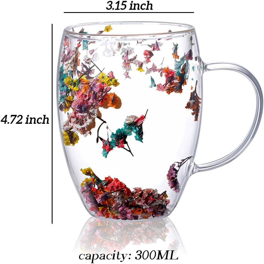 Pressed Flower Double Wall Glass Coffee Mug – Insulated Floral Tea & Coffee Cup with Handle