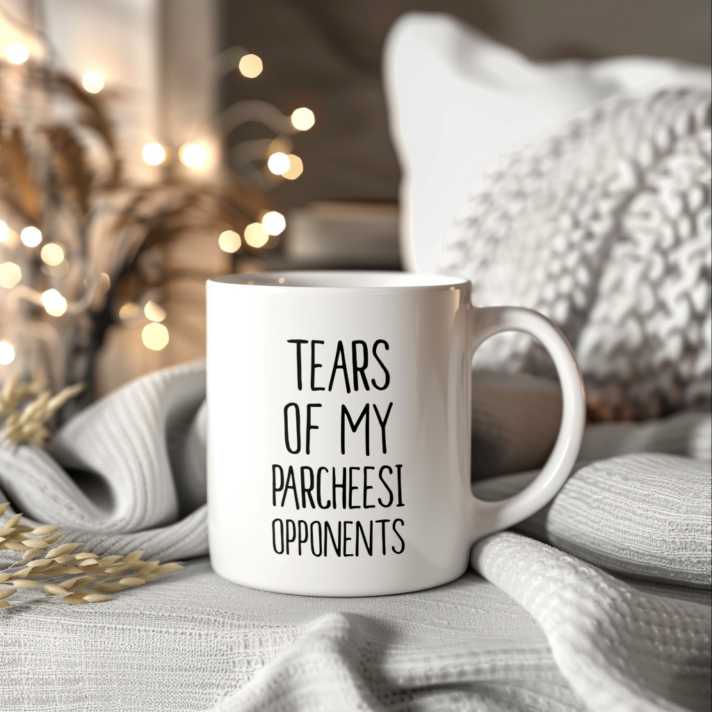Funny Board Game Mug, Tears of My Parcheesi Opponents, 11oz or 15oz Ceramic White Coffee Cup