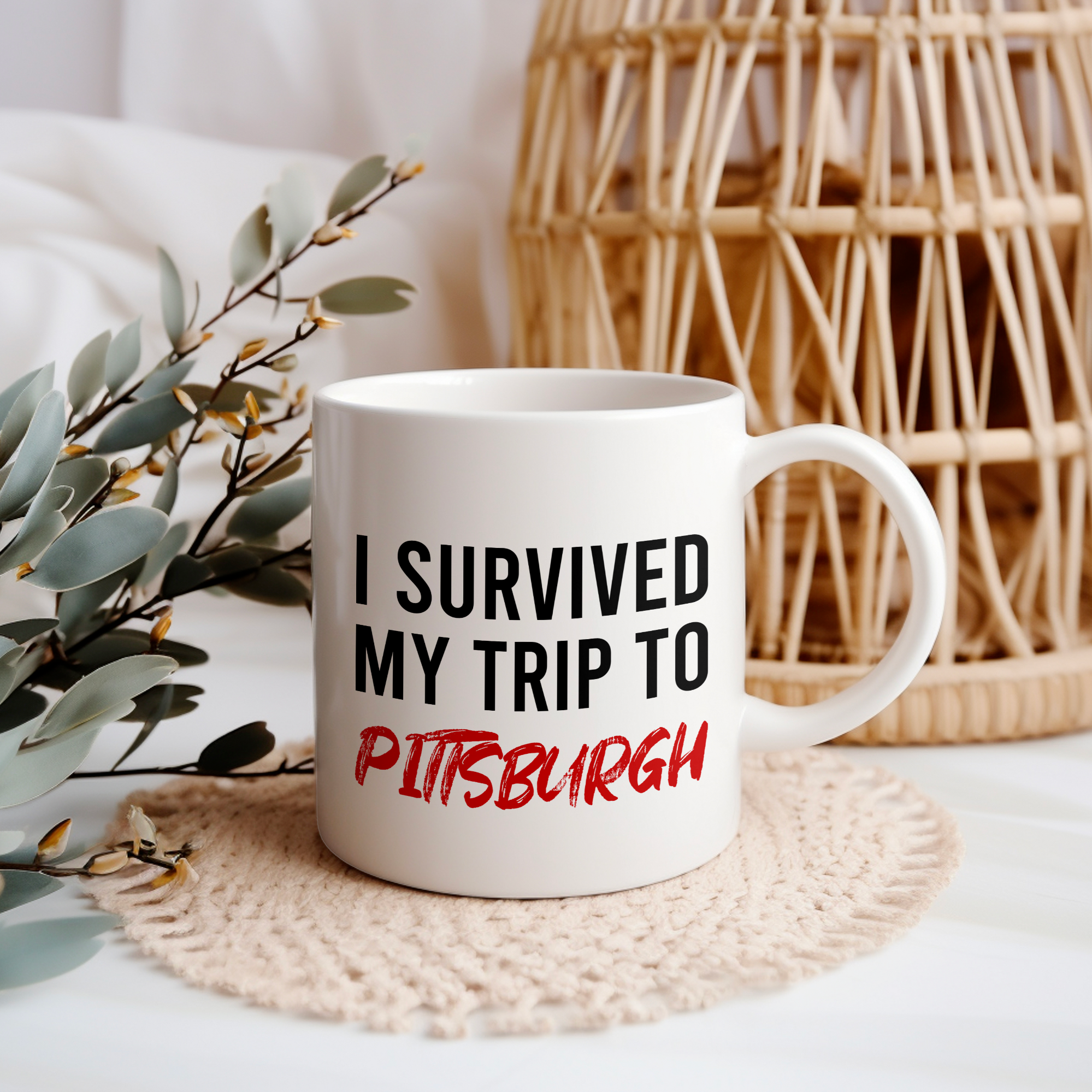 Funny Travel Mug – I Survived My Trip to Pittsburgh, 11oz or 15oz White Ceramic Coffee Mug, Novelty Travel Gift