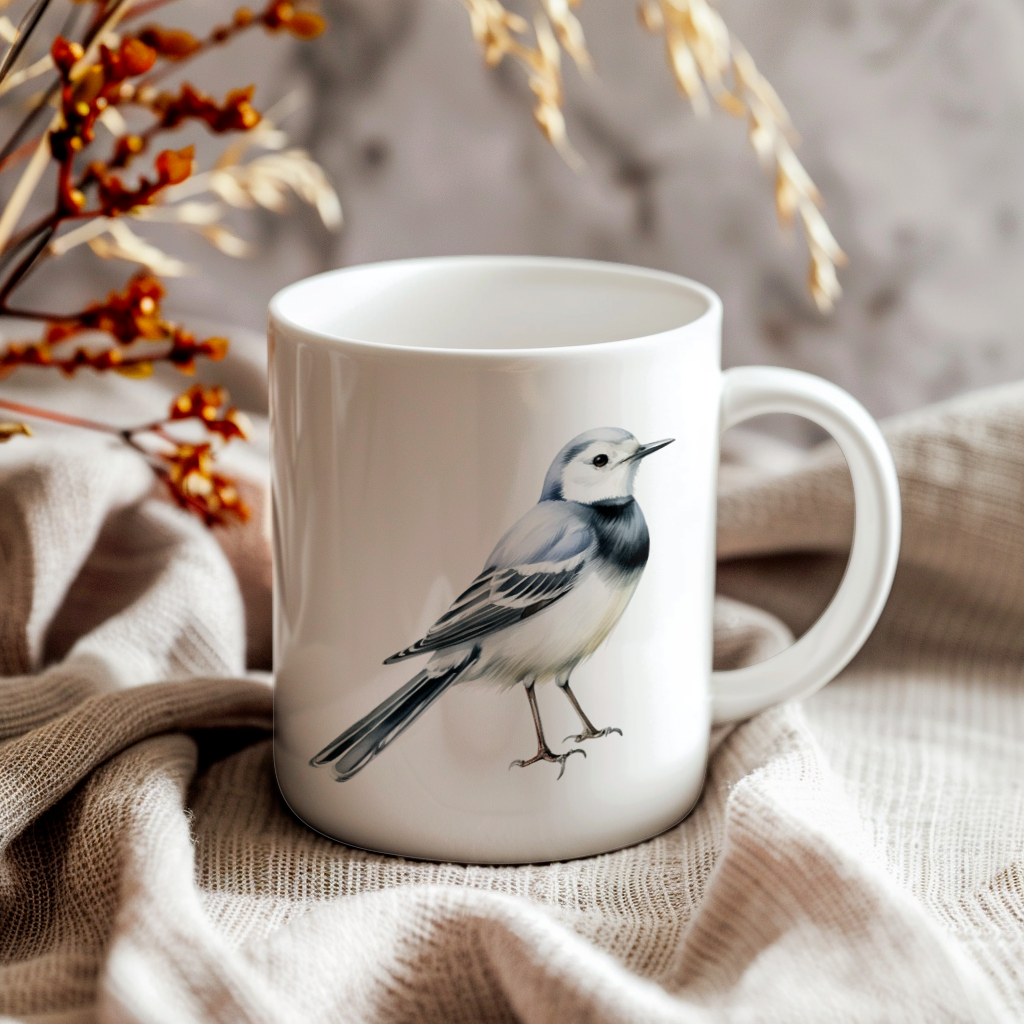 Bird Watching Mug, White Wagtail Song Bird Mug, 11oz or 15oz White Ceramic Coffee Mug Gift for Bird Watchers