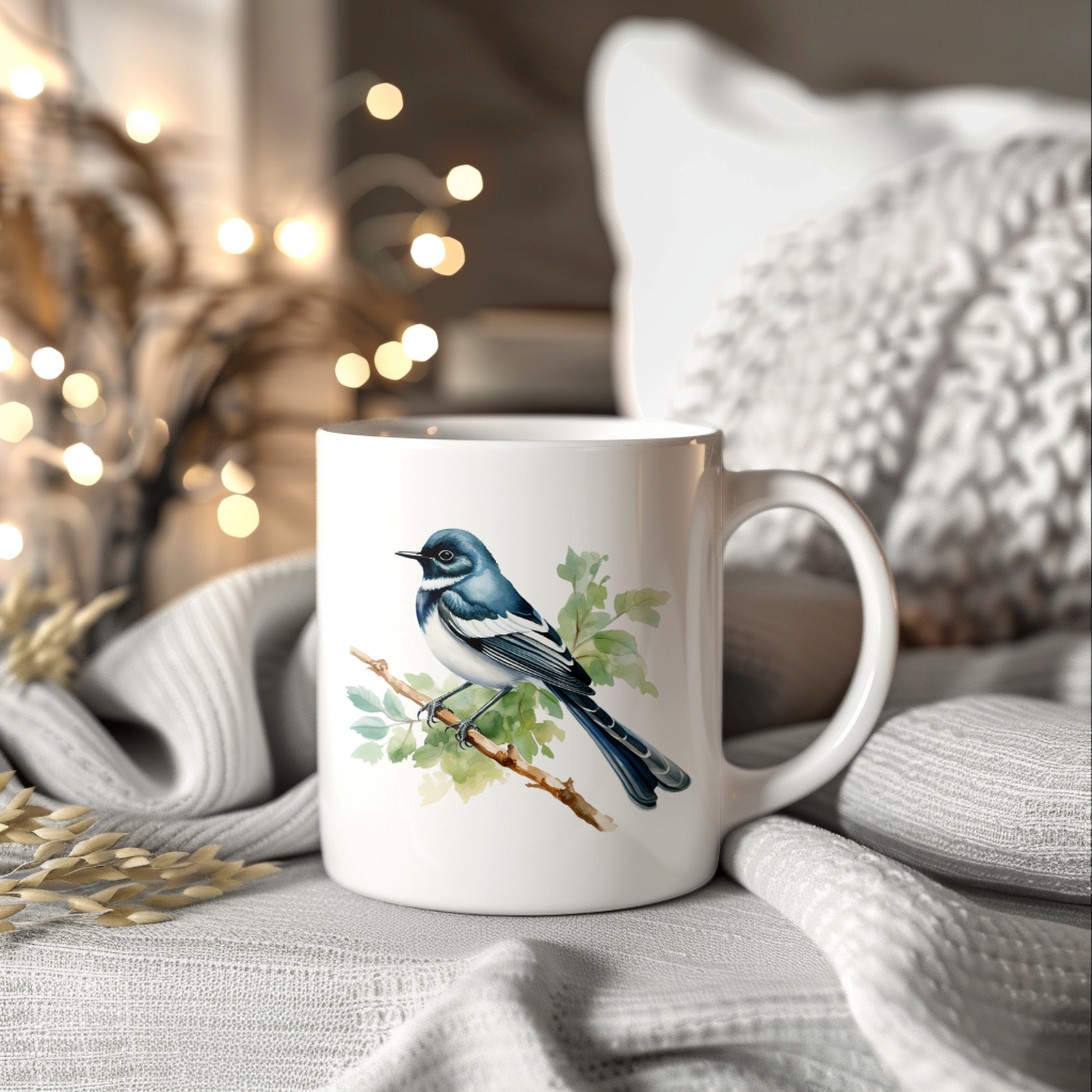 Bird Watching Mug, Oriental Magpie Robin Song Bird Mug, 11oz or 15oz White Ceramic Coffee Mug Gift for Bird Watchers